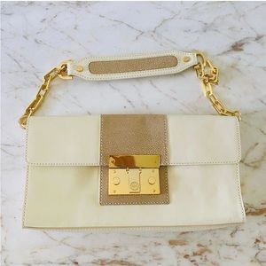 TORY BURCH Solid Metallic Ivory Leather Clutch Bag patent leather